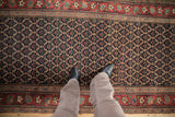A personal view down the antique Bijar runner, showing its panel lattice field and meandering vine border.