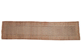 Antique Distressed Bijar runner rug with soft silver field, staggered dusty aubergine boteh, and vine borders.