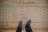Antique Distressed Bijar runner with dusty blue field, copper sandalwood boteh, meandering borders.