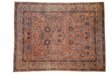 Antique Kerman carpet, dusty coral field, Safavid palmettes, blue vinery, navy border, 8'11