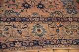 Antique Kerman rug detail: navy border with scrolling arabesques, dusty coral field, serrated palmettes.