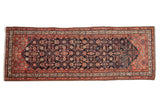 Antique Malayer runner with allover Herati design, navy, blush, tangerine, 4'2
