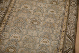 Distressed Kurdish Hamadan rug with faded silver, ivory, olive gold Herati pattern and serrated border detail.