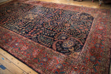 Brick red main border with inverted palmettes and dark navy field vinery of Sarouk rug.
