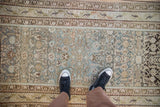 Distressed antique Malayer runner, detailed geometric Herati design, dusty blues, greens, and soft abrashes.
