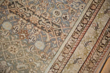 Distressed antique Malayer runner: geometric Herati field in dusty blue with curvilinear blossom main border.