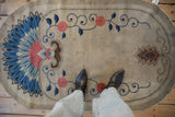 Antique Art Deco Fetti-Li rug with delicate cobalt blue scrolled vines and dusty rose flowers.