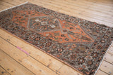 Pale chestnut selvage and patinated pile on vintage Hamadan runner, soft rust and silver patterns.