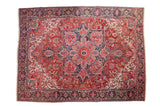 Vintage Persian Ahar carpet, oversized medallion, intricate floral arabesque designs in brick red and navy blue.
