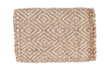 Geometric diamond pattern jute rug in natural beige and cream tones, 2' x 3'.