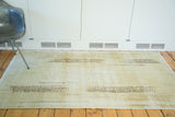 Distressed Turkish Oushak rug, abstract lemon ivory with modern worn design lines.
