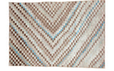 Vintage Tulu rug with blanched geometric stepped pattern of ivory, faded aqua, and beige.