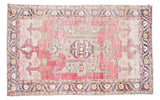 5x8 distressed Turkish Oushak rug in faded red, charcoal, saffron, and silver tones.