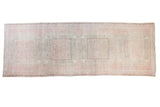 Faded pink distressed Oushak runner with subtle grey geometric patterns, 3'10