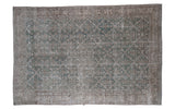 Distressed Oushak carpet featuring blanched ocean green blue allover lattice pattern, 7' x 10'5