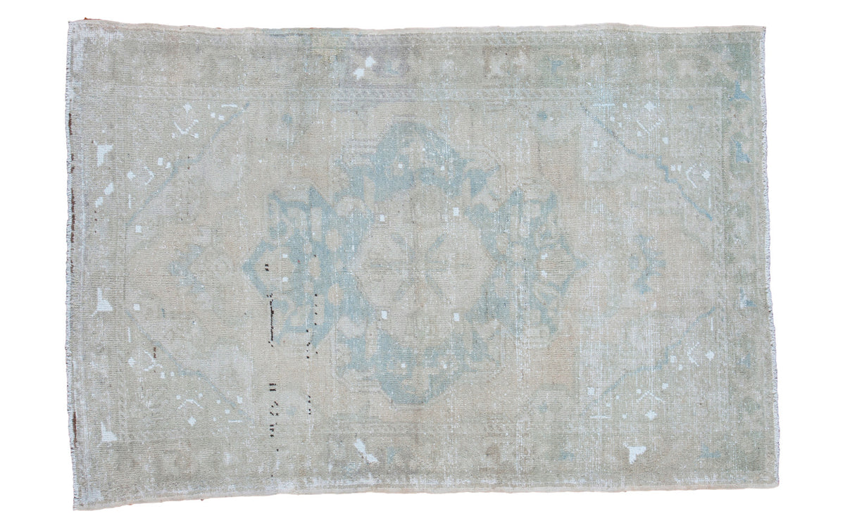Vintage Oushak rug with blanched light ivory and powder blue airy design, 4x5'9.