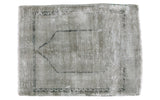 Dramatic distressed Oushak rug, faded sage green with geometric dark teal lines, 2'9