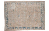 Distressed Oushak carpet, airy beige and muted blue sweeping border, sprawling motif, 9x12.5 feet.