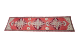 Vintage Oushak runner, triple ruby red medallions on cranberry field with silver spandrels.