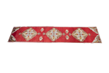 Vintage Oushak runner featuring cherry red, bronze, ivory, and saffron yellow medallions.