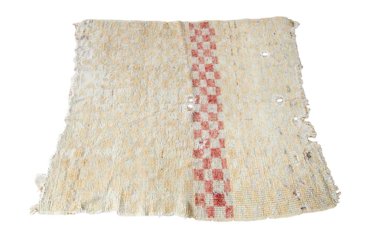 Vintage Tulu square rug with silver ivory beige, faded cranberry red checkered pattern and mended areas.