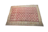 Vintage Oushak carpet with cranberry red field, allover ivory geometric star pattern, 6'3