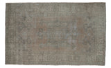 Distressed Oushak carpet with soft beige and slate greens, exhibiting an overall faded pattern, 5'2