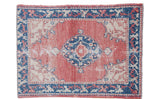 Vintage Oushak rug: distressed cinnabar red field, evening sky blue medallion, 3'8