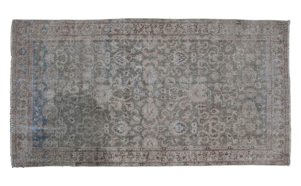 Distressed Sivas rug runner, allover pattern on abrashed sea foam green field. 3'8" x 7'.