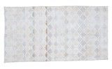 Modern distressed Turkish Oushak rug with blanched lattice pattern and subtle pastel hues.