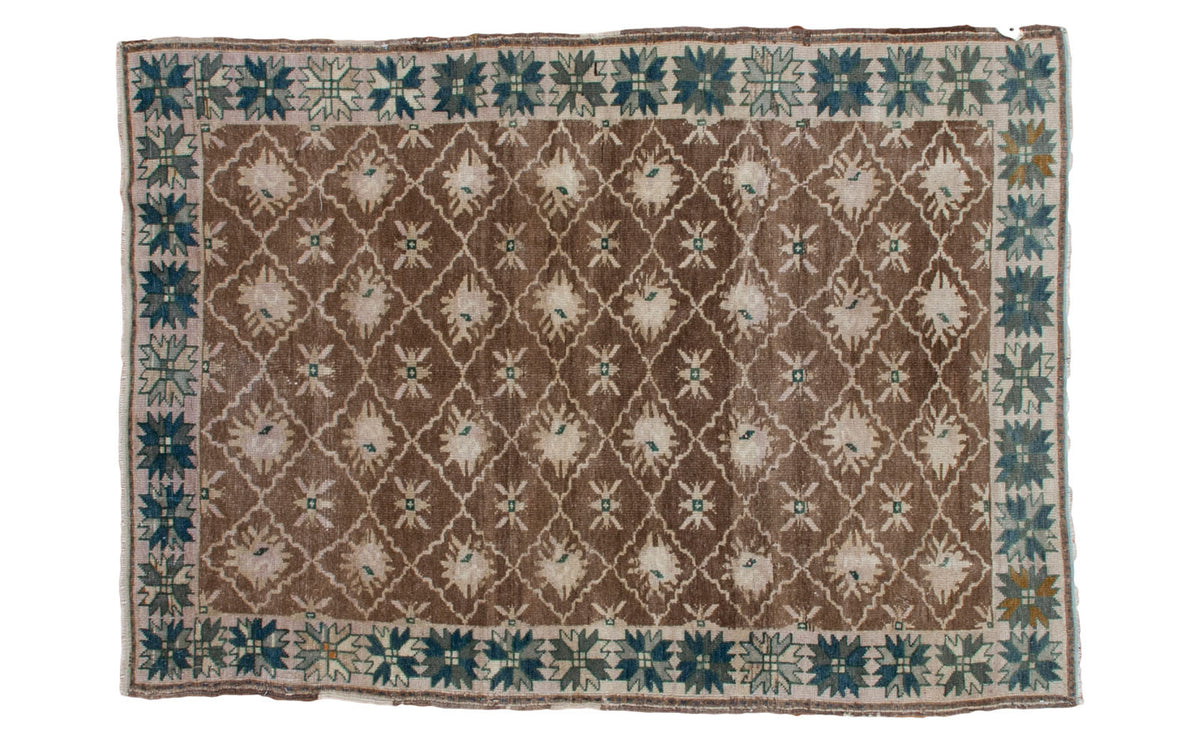 Mid-20th century Vintage Oushak rug, allover lattice motif in soft brown, cream, teal, 3'8" x 6'2".