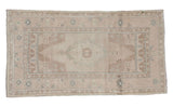 Vintage Turkish Oushak rug in sandy beige, central medallion, blue geometric border, 3'8
