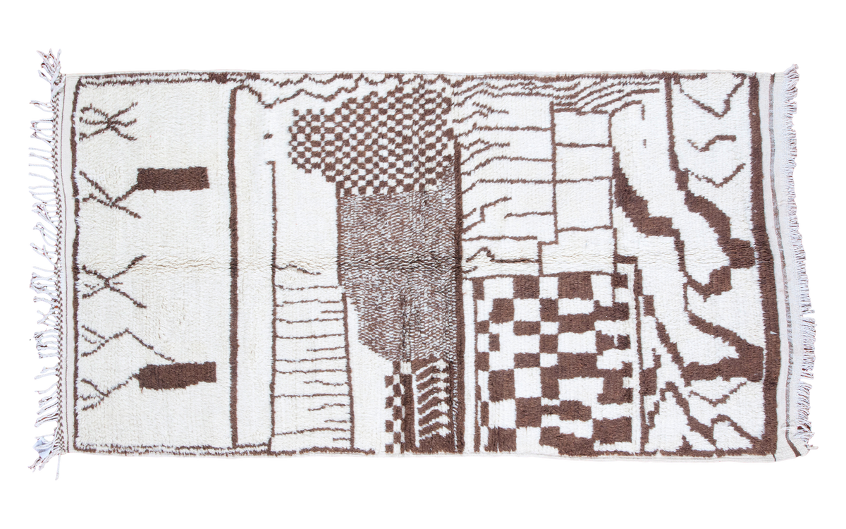 Playful vintage Moroccan rug, pictorial landscape with checkered motifs in charcoal and ivory, 4' x 7'2".