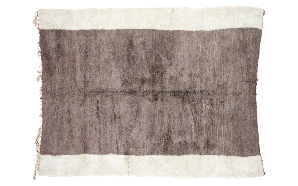 Vintage Moroccan shaggy pile carpet, ivory and silver grey minimalist design with abrash.