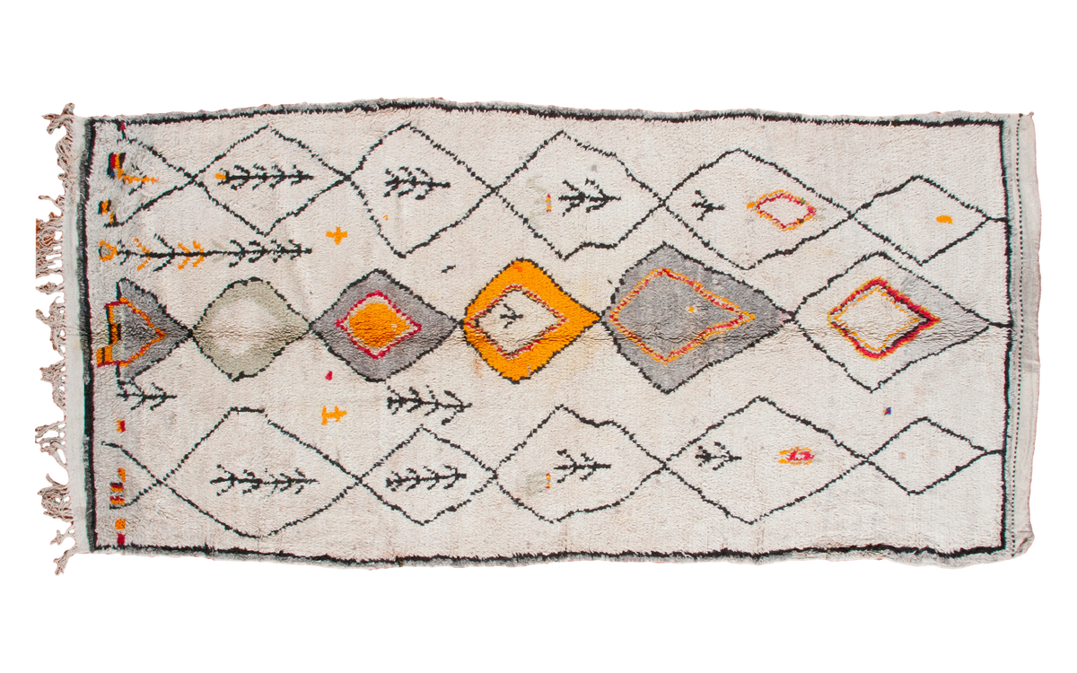 Vintage Moroccan runner rug, ivory diamond lattice with saffron, red, and grey motifs.