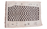 Vintage Moroccan carpet with a unique cream and dark brown checkered motif, 4'11