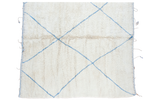 Oversize square vintage Moroccan carpet, pale ivory with chalk-sky blue geometric diagonal lines.