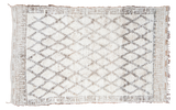 Vintage Moroccan carpet, pale ivory field with charcoal grey lattice and 'T' borders.