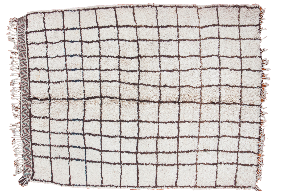 Vintage Moroccan Carpet with ivory and charcoal brown checkered pattern, shaggy pile, 5'9" x 7'1".