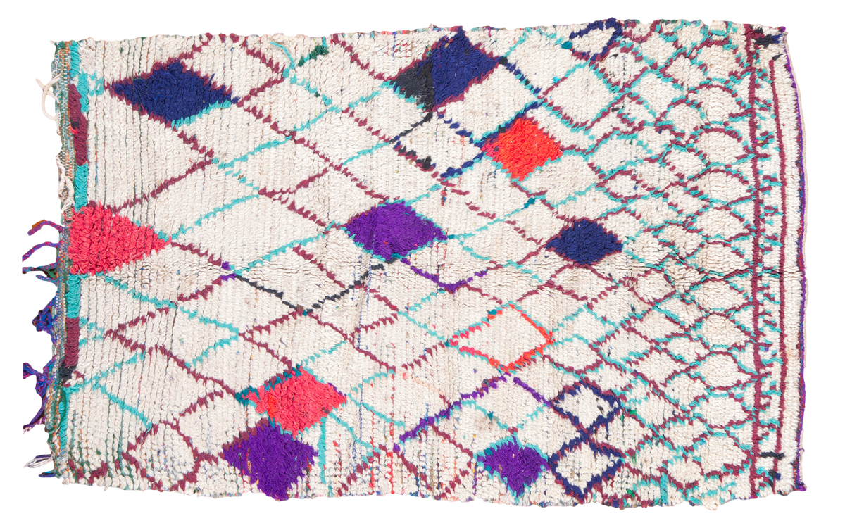 Vintage Moroccan rug, ivory diamond lattice, hot red, royal blue, purple, tropical green.