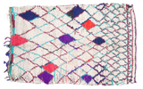 Vintage Moroccan rug, ivory diamond lattice, hot red, royal blue, purple, tropical green.