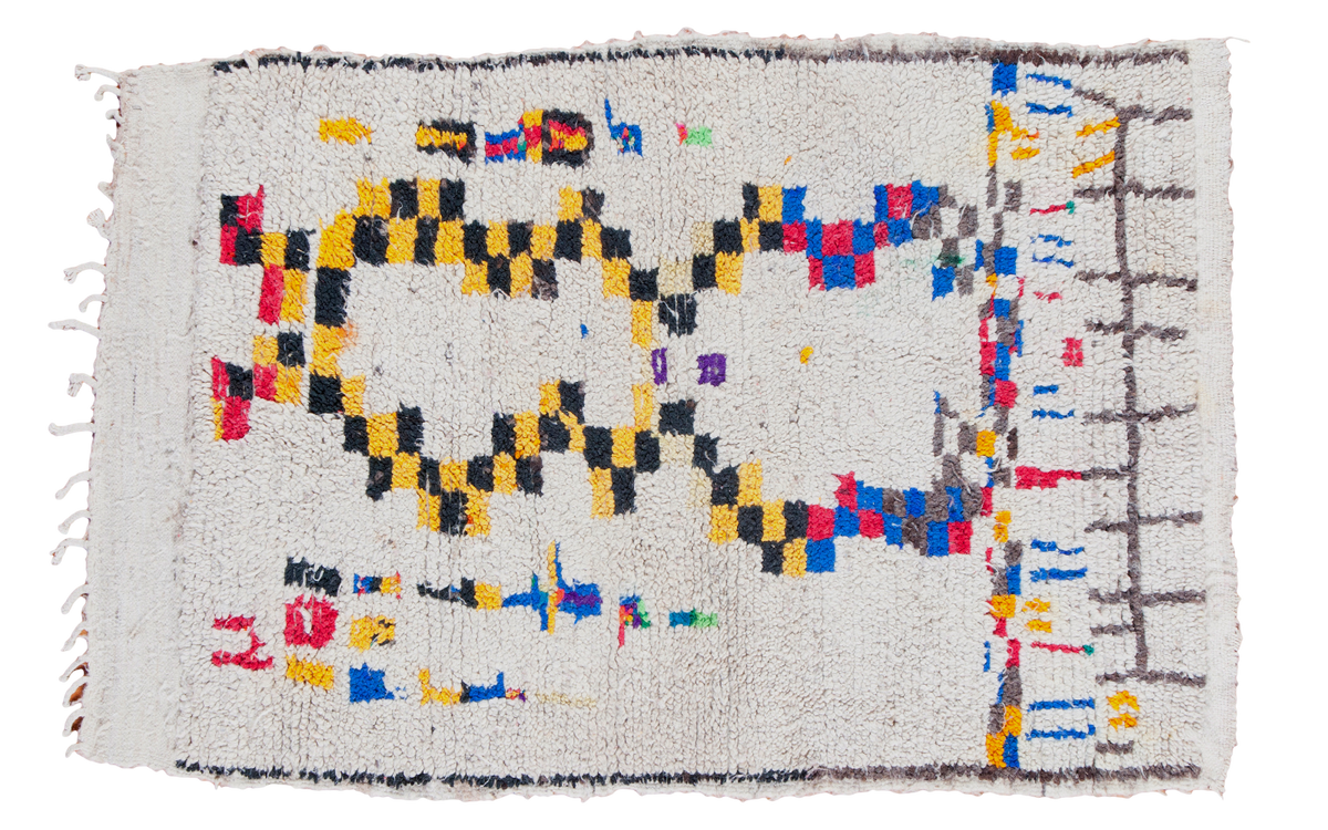 Funky vintage Moroccan rug, ivory, stepped checker pictorial design: black, saffron, red, blue, 3'4" x 5'.