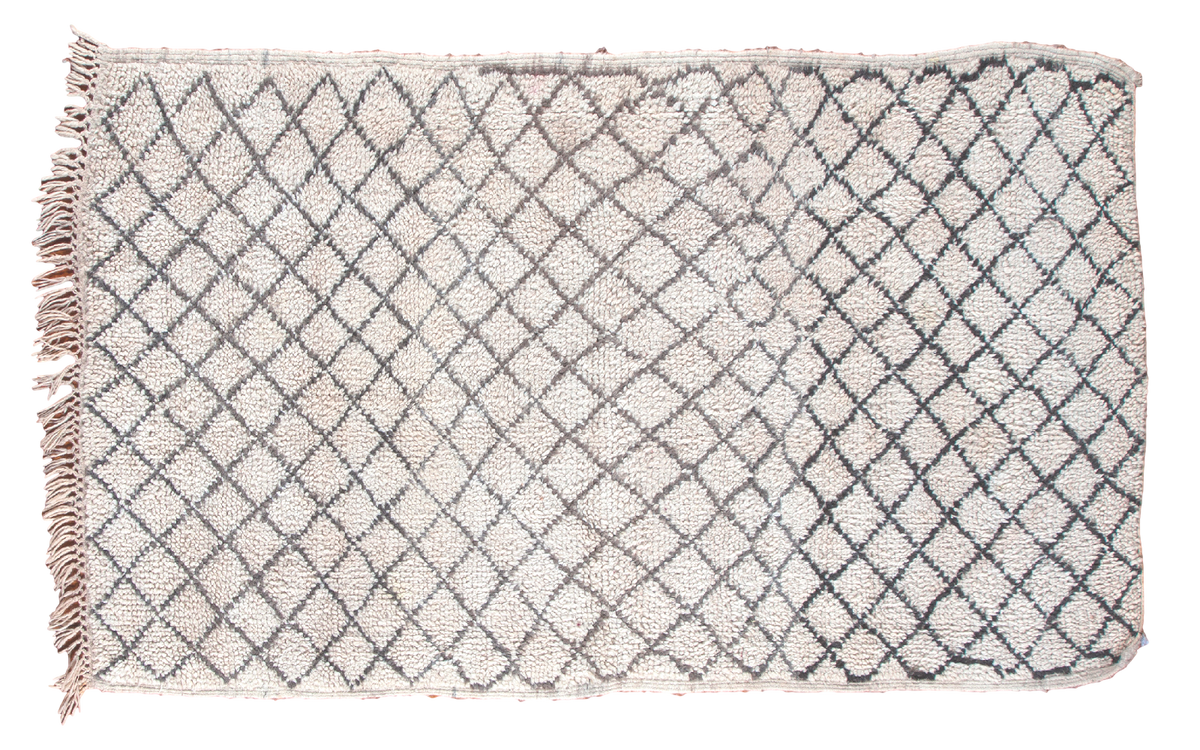 Plush vintage Moroccan rug featuring an ivory, grey, charcoal lattice design, 4'4" x 7'3".