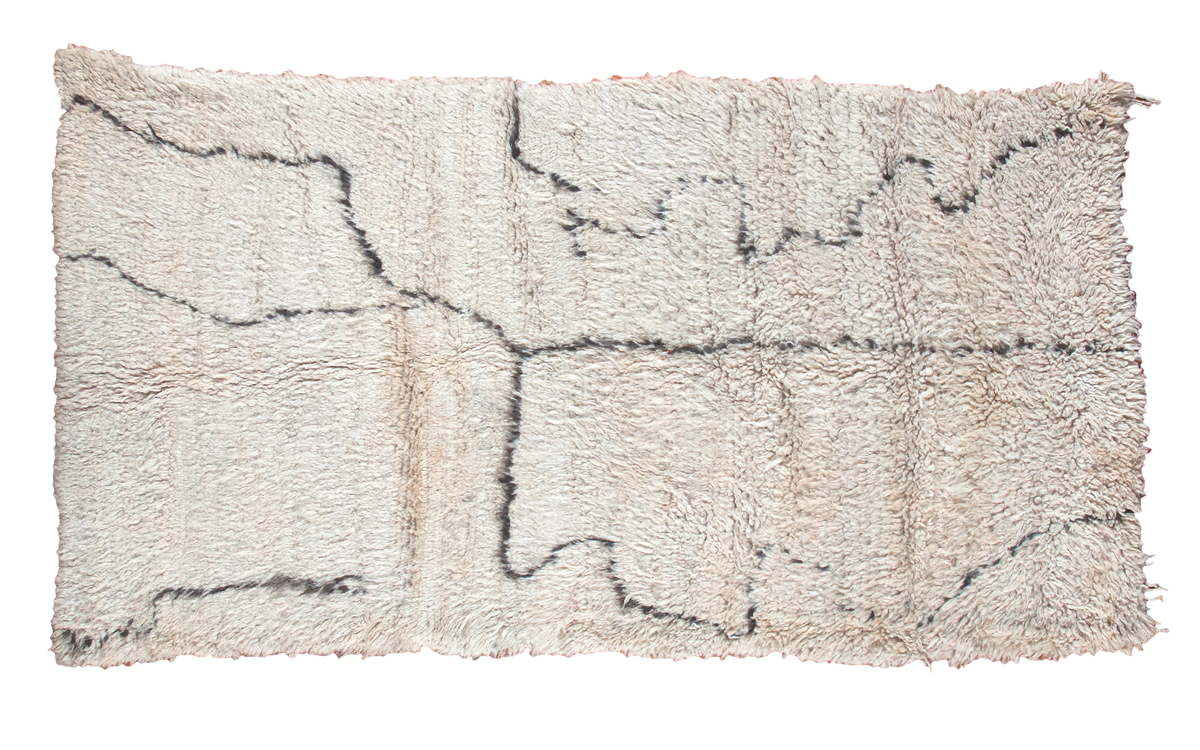 Vintage Moroccan runner rug, expressive abstract charcoal lines on ivory field, 4'3" x 7'9".
