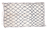 Vintage Moroccan rug with a thick ivory pile and charcoal black lattice design, 4'6