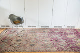 Vintage Moroccan runner rug with vibrant eggplant purple, grey, and charcoal multi-medallion design.