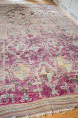 Unique eggplant purple vintage Moroccan rug end, geometric medallions, striped kilim, fringe.