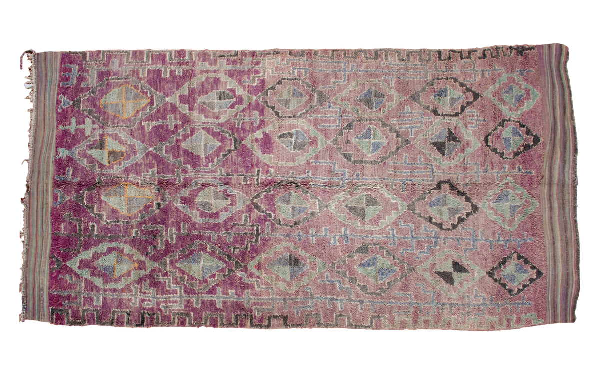 Vintage Moroccan rug in eggplant purple and mauve with geometric grey, silver, charcoal medallions, 6x12.