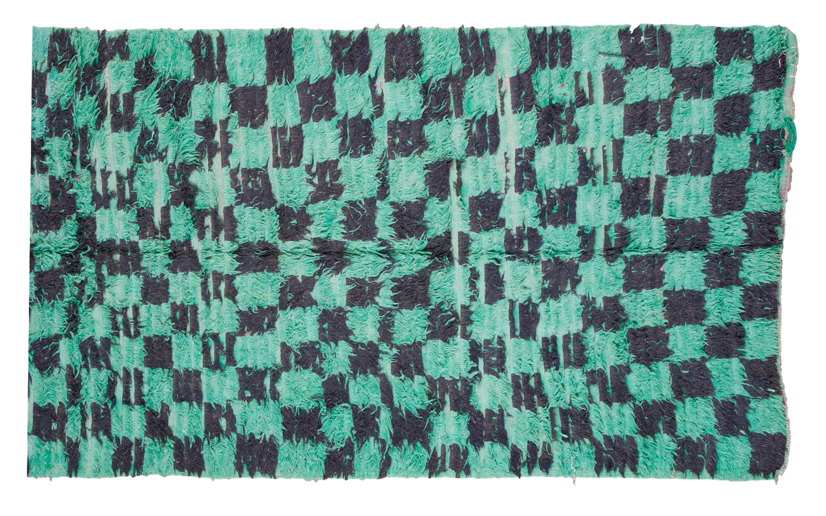Vintage Moroccan runner rug with a furry mint green and charcoal checkered pattern, 3'11" x 8'8".