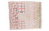 Vintage Moroccan square rug, harlequin diamond and lattice in faded red, green, grey, ivory.